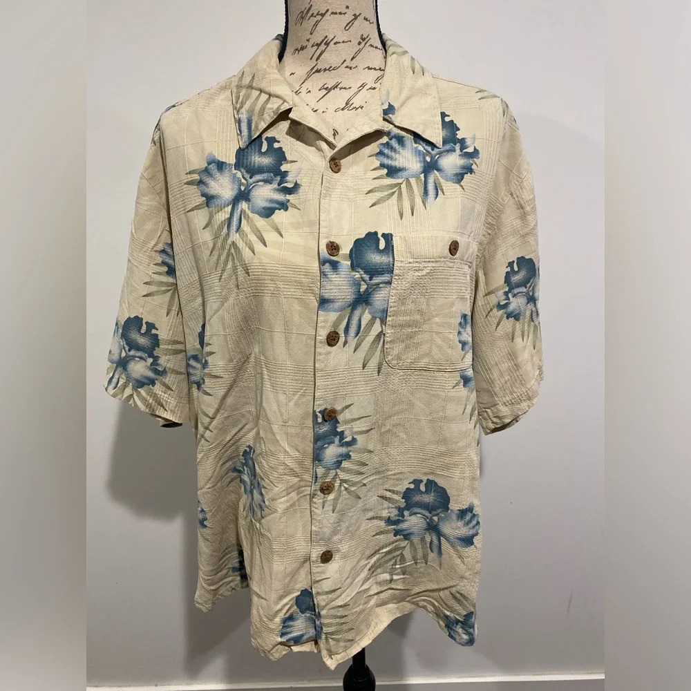 BANANA CABANA Mens 100% Silk Shirt Hawaiian Short Sleeve Blue Flowers Size XL
